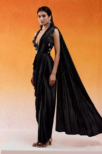 Black Embelllished & Embroidered Saree Set