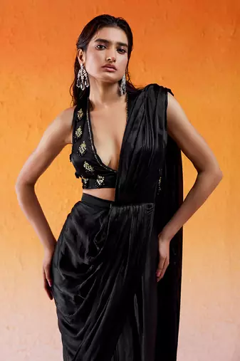 Black Embelllished & Embroidered Saree Set