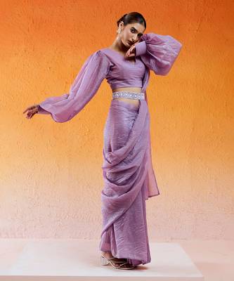 Lavender Embroidered Drape Saree Set With Belt 1