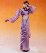 Lavender Embroidered Drape Saree Set With Belt