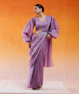 Lavender Embroidered Drape Saree Set With Belt 2