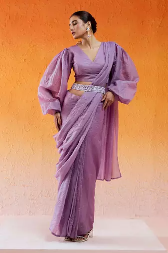 Lavender Embroidered Drape Saree Set With Belt