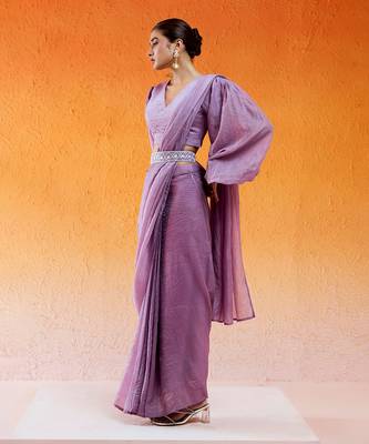 Lavender Embroidered Drape Saree Set With Belt 3