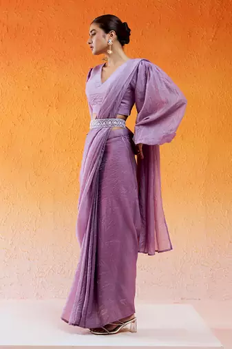Lavender Embroidered Drape Saree Set With Belt