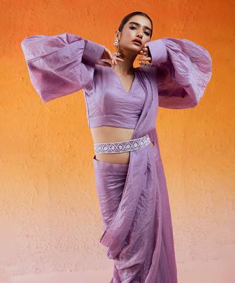 Lavender Embroidered Drape Saree Set With Belt 4