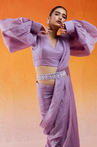 Lavender Embroidered Drape Saree Set With Belt