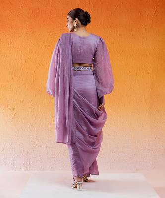Lavender Embroidered Drape Saree Set With Belt 5
