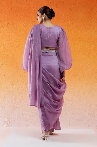 Lavender Embroidered Drape Saree Set With Belt