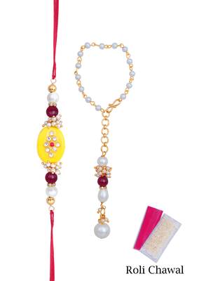 Handmade kundan yellow stone rakhi for brother,combo pearl collection couple pair rakhi set for bhaiya 1