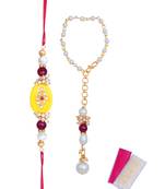 Handmade kundan yellow stone rakhi for brother,combo pearl collection couple pair rakhi set for bhaiya