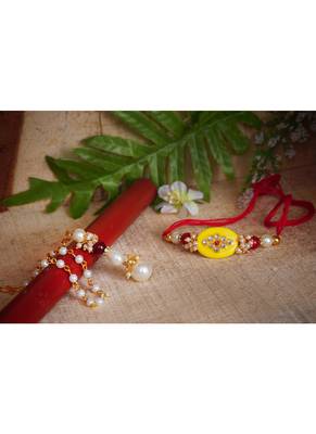 Handmade kundan yellow stone rakhi for brother,combo pearl collection couple pair rakhi set for bhaiya 2