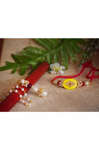 Handmade kundan yellow stone rakhi for brother,combo pearl collection couple pair rakhi set for bhaiya