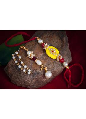 Handmade kundan yellow stone rakhi for brother,combo pearl collection couple pair rakhi set for bhaiya 3