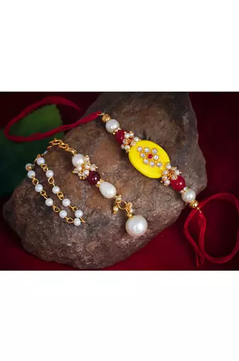 Handmade kundan yellow stone rakhi for brother,combo pearl collection couple pair rakhi set for bhaiya