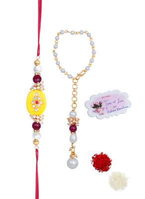 Handmade kundan yellow stone rakhi for brother,combo pearl collection couple pair rakhi set for bhaiya 4