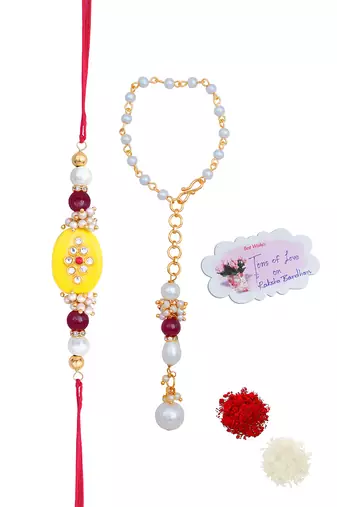 Handmade kundan yellow stone rakhi for brother,combo pearl collection couple pair rakhi set for bhaiya