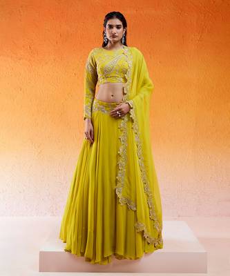Yellow Viscose Georgette Hand Embroidery Lehenga Set 1