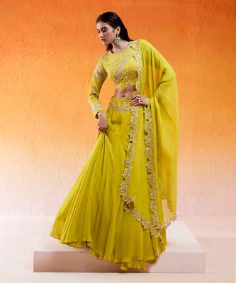 Yellow Viscose Georgette Hand Embroidery Lehenga Set 2