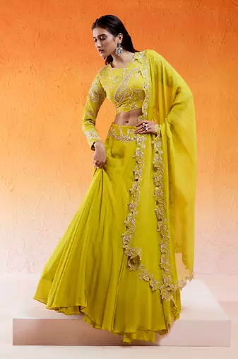 Yellow Viscose Georgette Hand Embroidery Lehenga Set