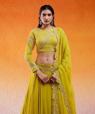 Yellow Viscose Georgette Hand Embroidery Lehenga Set 3