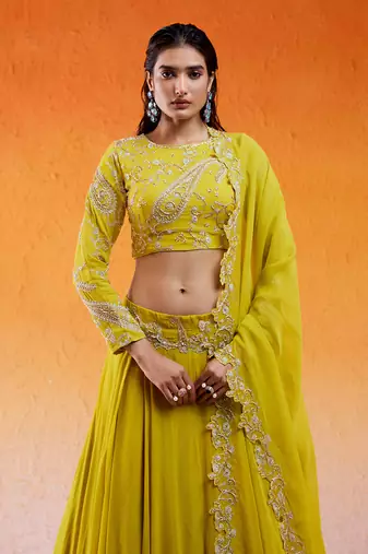 Yellow Viscose Georgette Hand Embroidery Lehenga Set