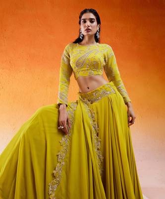 Yellow Viscose Georgette Hand Embroidery Lehenga Set 4