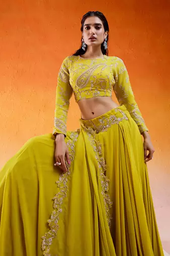 Yellow Viscose Georgette Hand Embroidery Lehenga Set