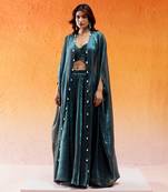 Blue Crushed Organza Hand Embroidered Cowri Shells Bustier Palazzo Co-od Set