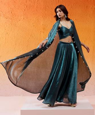 Blue Crushed Organza Hand Embroidered Cowri Shells Bustier Palazzo Co-od Set 2