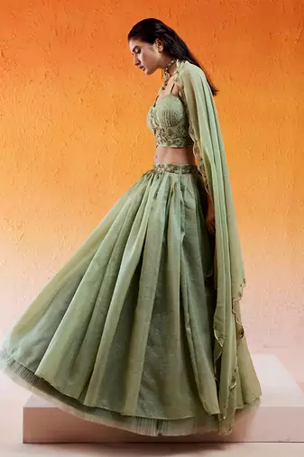 Pista Green Embroidered Lehenga Set
