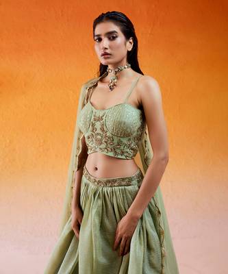 Pista Green Embroidered Lehenga Set 3