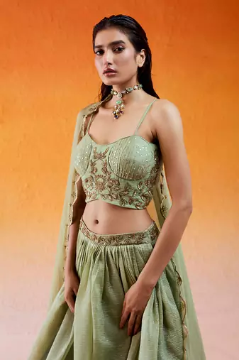 Pista Green Embroidered Lehenga Set