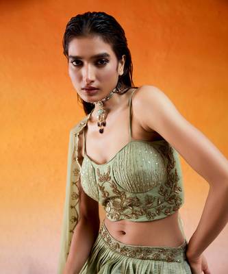 Pista Green Embroidered Lehenga Set 4