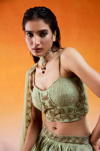 Pista Green Embroidered Lehenga Set