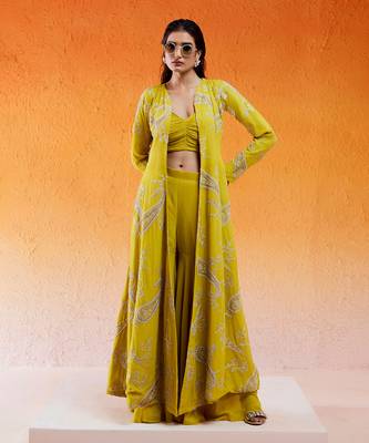 Yellow embroidered jacket sharara set 2