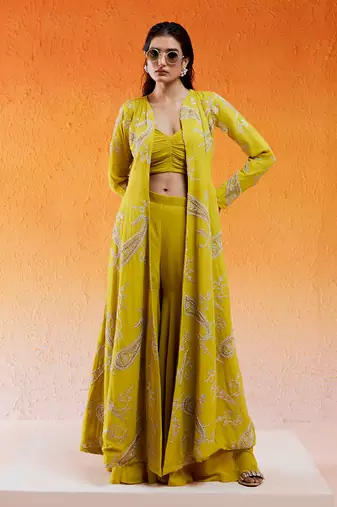 Yellow embroidered jacket sharara set