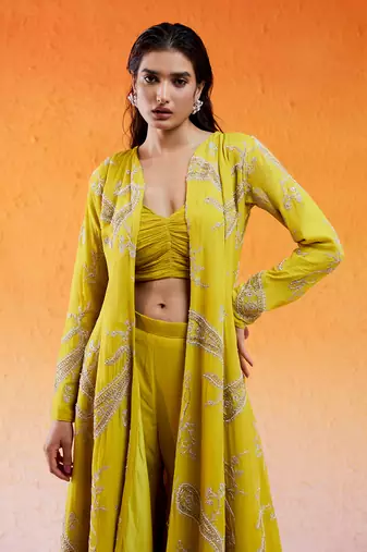 Yellow embroidered jacket sharara set