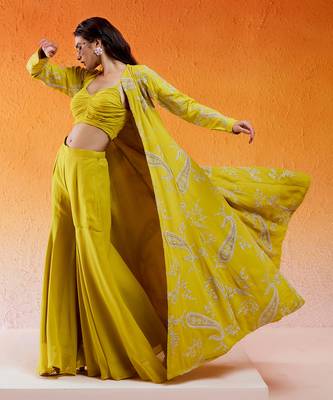 Yellow embroidered jacket sharara set 4
