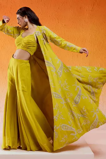 Yellow embroidered jacket sharara set