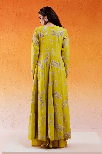 Yellow embroidered jacket sharara set