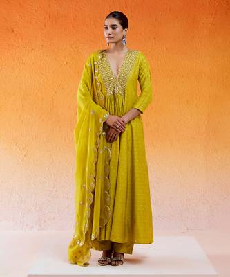 Yellow embroidered anarkali suit 1