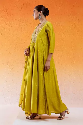 Yellow embroidered anarkali suit