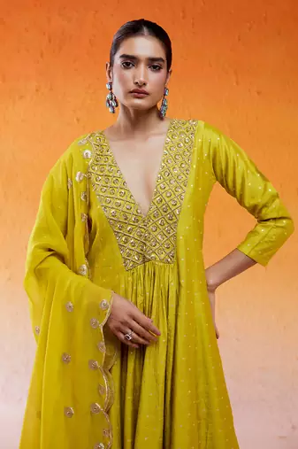 Yellow embroidered anarkali suit