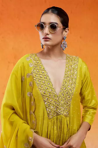 Yellow embroidered anarkali suit