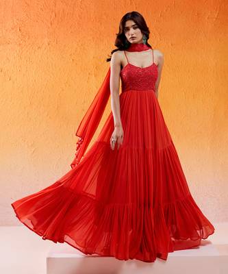 Red viscose georgette hand embroidery anarkali with dupatta 1