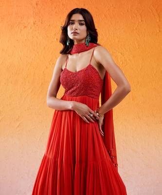 Red viscose georgette hand embroidery anarkali with dupatta 2