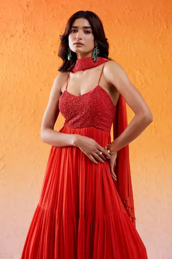 Red viscose georgette hand embroidery anarkali with dupatta