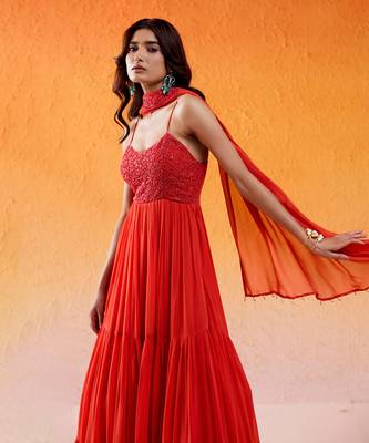 Red viscose georgette hand embroidery anarkali with dupatta 3