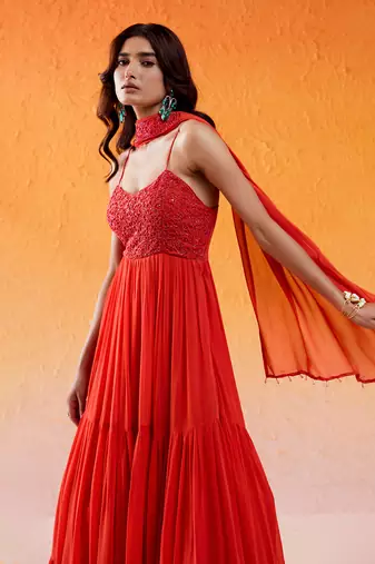 Red viscose georgette hand embroidery anarkali with dupatta