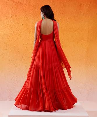 Red viscose georgette hand embroidery anarkali with dupatta 4